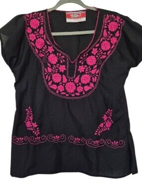 Nativa Size Large? Black Blouse Pink Floral Embroidery Handmade In Mexico